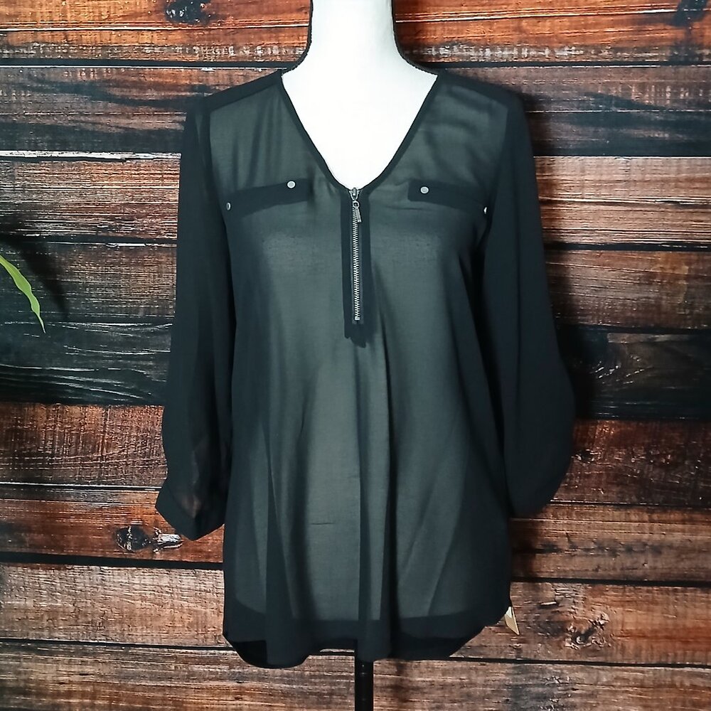 NWT Takara Tunic Top S Black Sheer 3/4 Sleeve Roll Tab Cuffs Hi Low